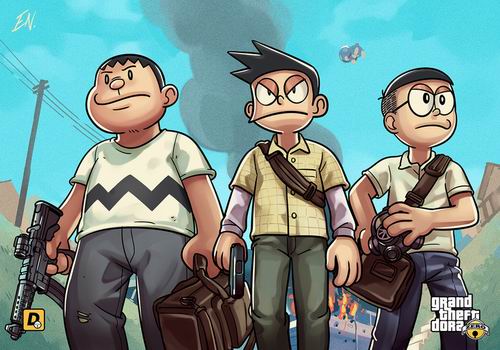Para karakter dari Doraemon terlihat tumbuh dewasa dalam parodi Grand Theft Auto buatan fans (2)