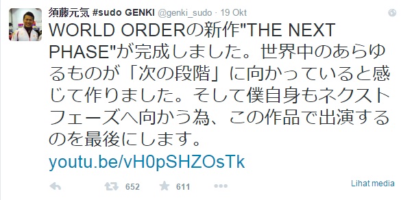 Genki Sudo umumkan penampilan terakhirnya di perilisan MV terbaru WORLD ORDER
