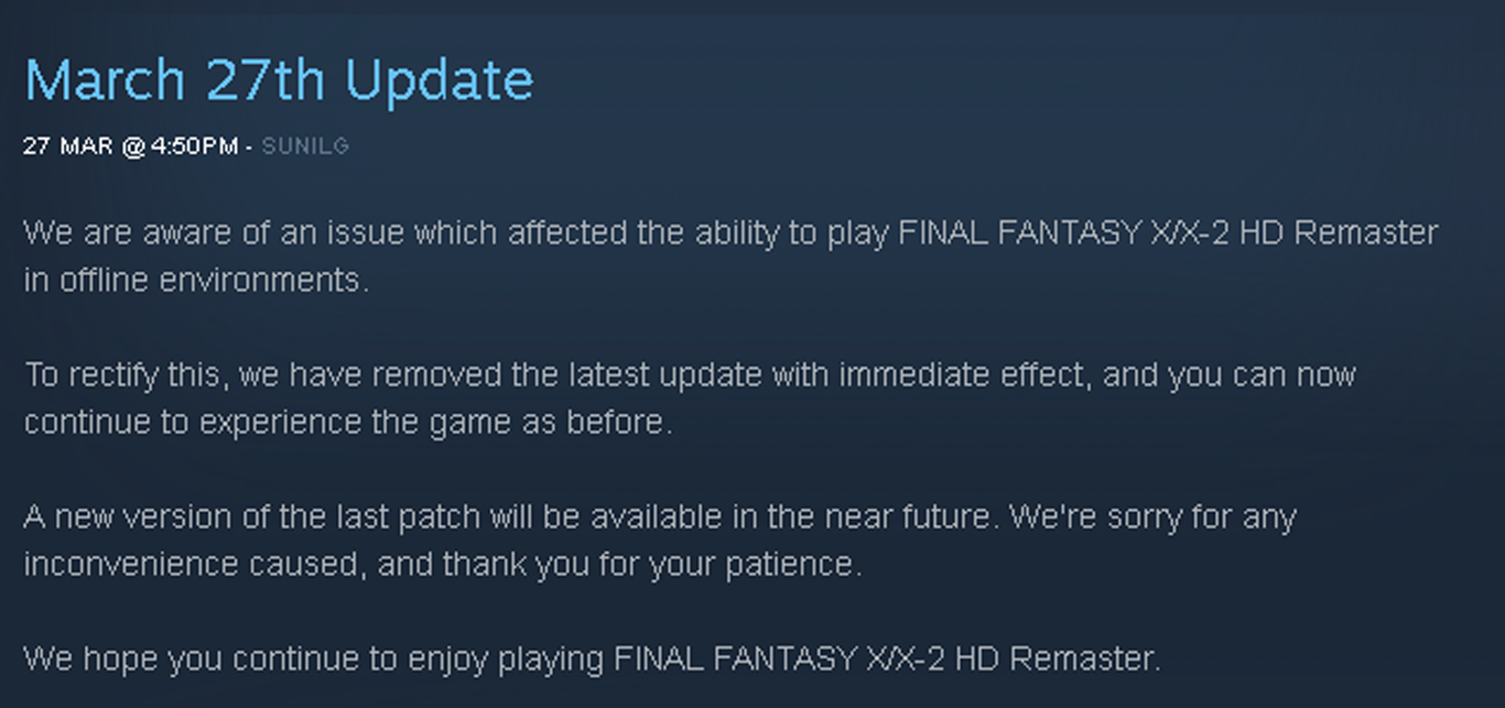 70+ Negative Reviews Untuk Patch Terbaru Final Fantasy X/X-2 HD Remaster