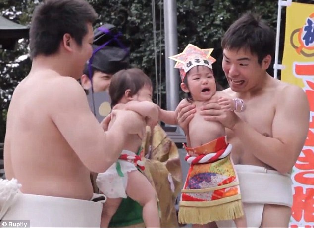 Para pegulat sumo berusaha membuat bayi-bayi menangis dalam festival Naki Zumo di Jepang (1)