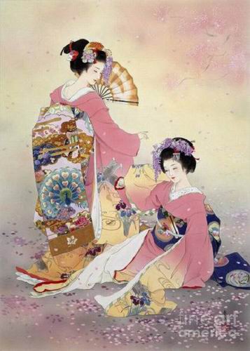 Seniman wanita Jepang membuat lukisan Ukiyo e modern yang 
