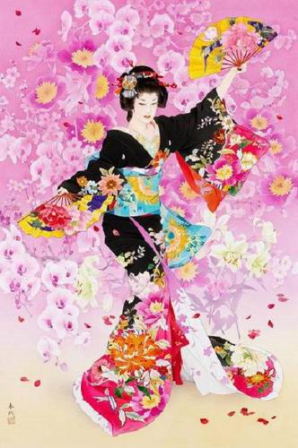 Seniman wanita Jepang  membuat lukisan  Ukiyo e modern yang 